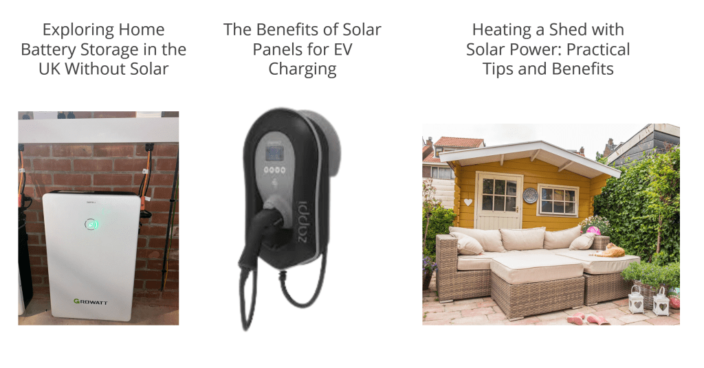 Garden shed and sofa - EV Charging unit and Solar storage battery images with relevant text