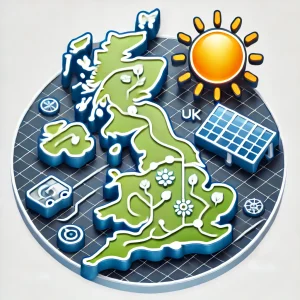 Understanding Solar Energy in the UK A solar panel with a map of the UK and a bright sun above..webp