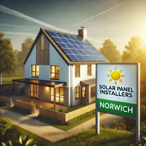 A-modern-house-with-solar-panels-on-the-roof-and-there-is-a-signboard-that-reads-Solar-Panel-Installers-Norwich.png