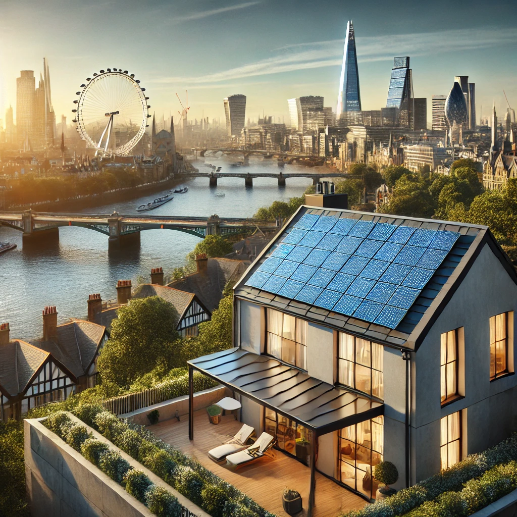 Affordable Solar Energy Systems In London. An Image Showcasing An Affordable Solar Energy System Installed On A Modern London Home. The House Has Sleek, Efficient Solar Panels