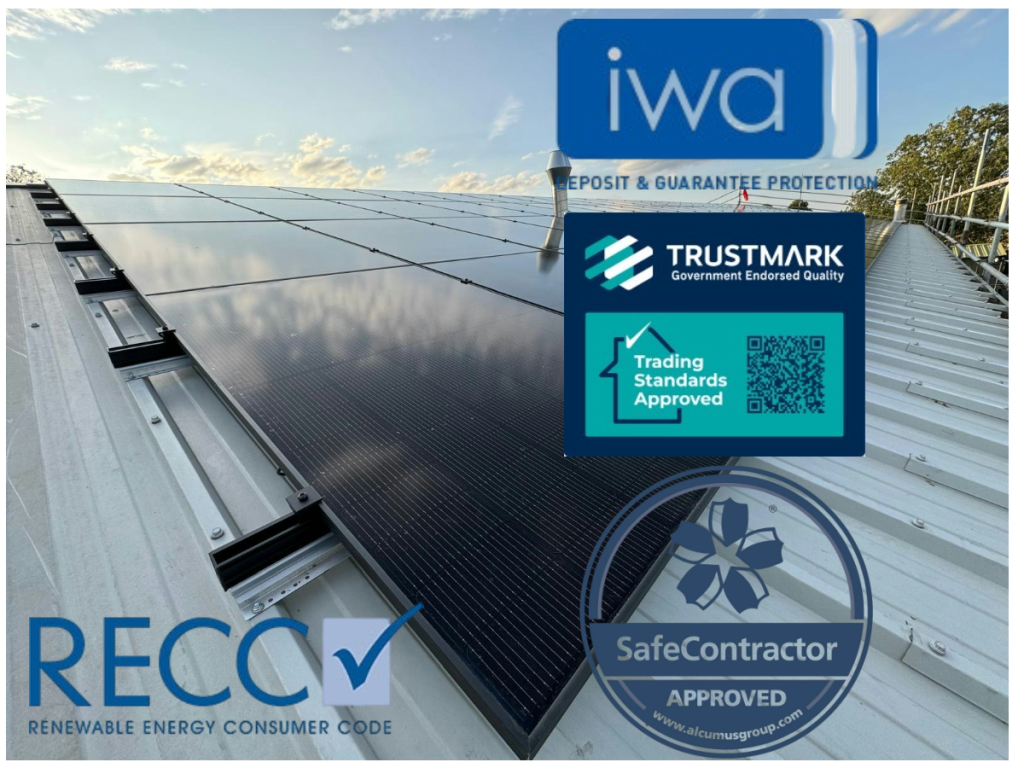 Black Solar Panels On A Metal Roof With Industry Accreditation Icons