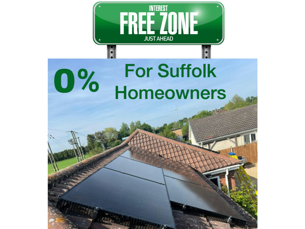 0% Interest Free Notice And Black Solar Panels With Bird Mesh Fitted To Roof Tiles.