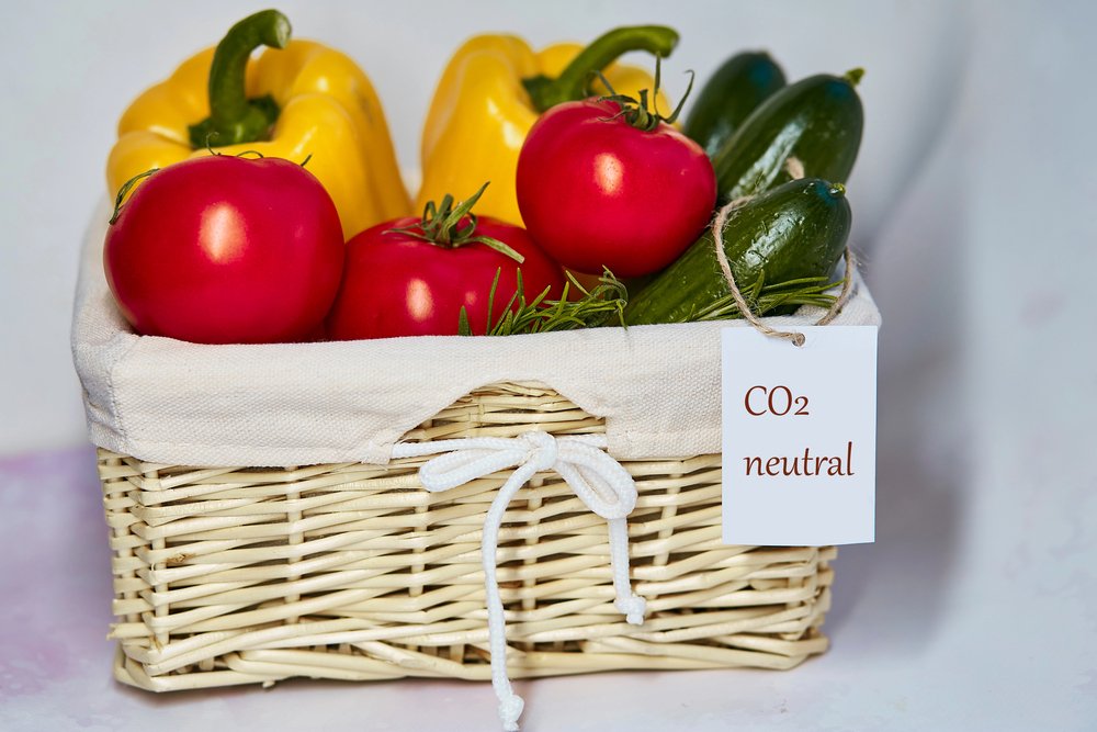 Wicker Basket With Carbon Neutral Product Label On Fresh Vegetables