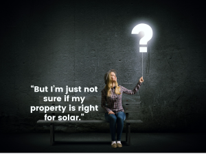 Lady Sitting On Bench With Illuminated Question Mark. “but I’m Just Not Sure If My Property Is Right For Solar.”