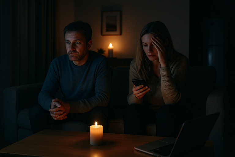 What Is Full Home Back Up And Why You Might Need It. A Couple Sitting In The Dark During A Power Cut.