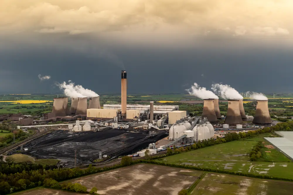 Aerial Landscape View Of Drax Power Station With Pollution Emiss