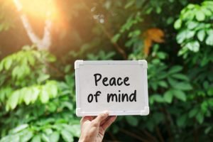 A Hand Holds A Small Chalkboard With The Words Peace Of Mind