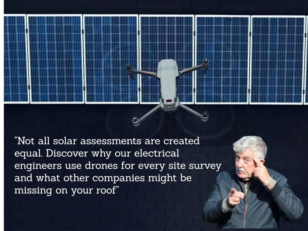 Drone Hovering Over Solar Panels. Text Overlay. Not All Solar Assessments Are Created Equal.