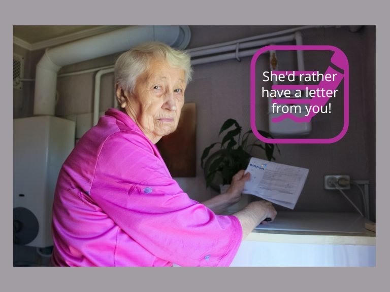 Sad senior lady with her energy bill in her hand.Text overlay_ She'd rather have a letter from you!
