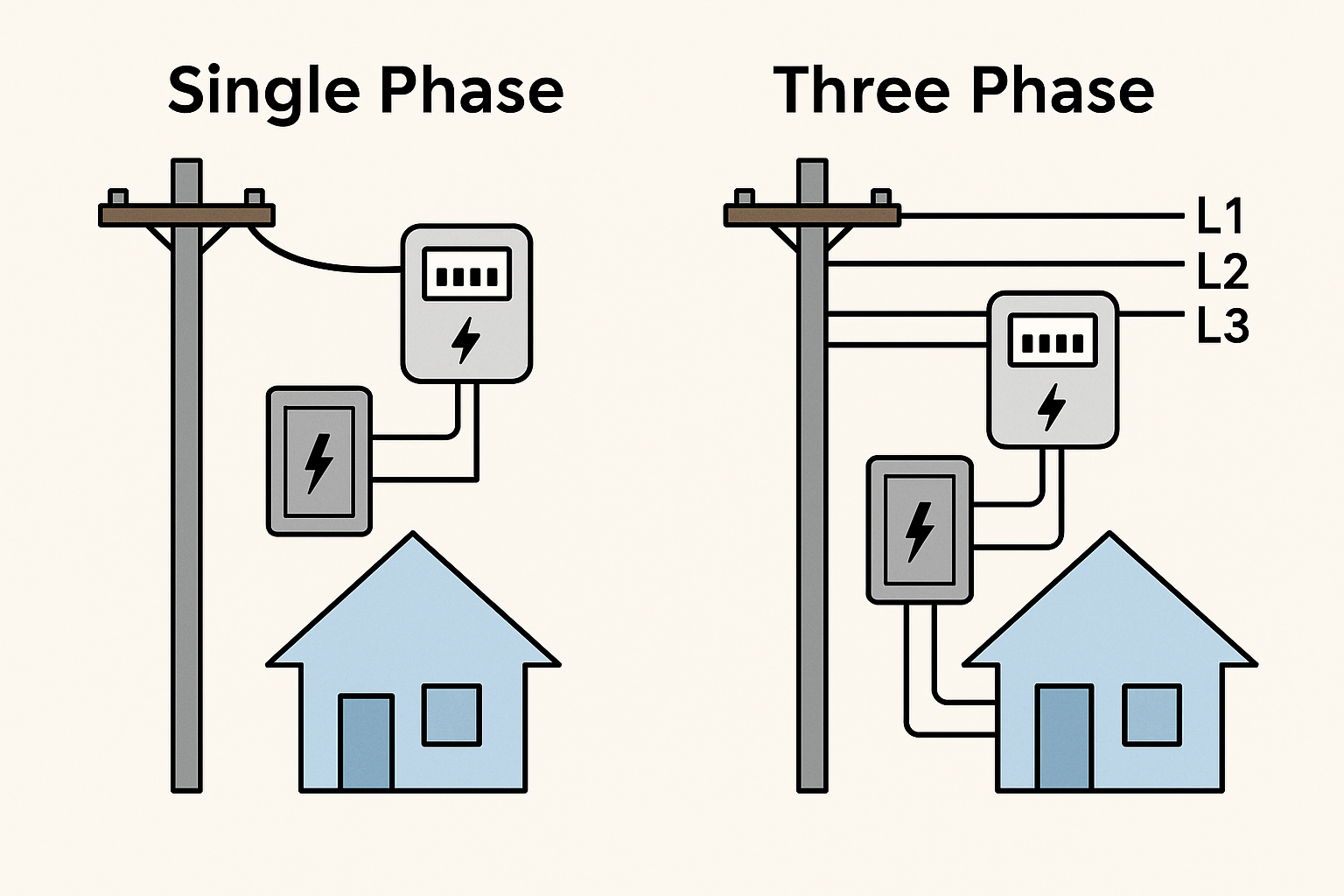 Single Phase vs Three Phase Electricity Diagram