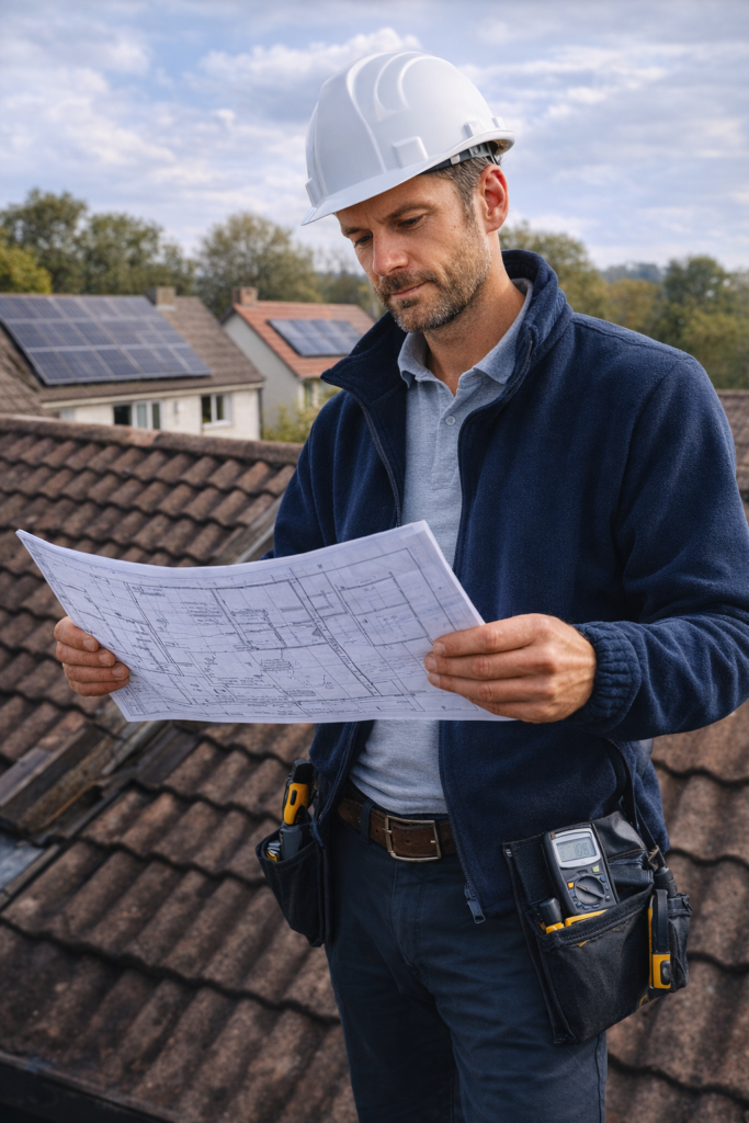 Qualified solar electrician reviewing installation plans on UK rooftop