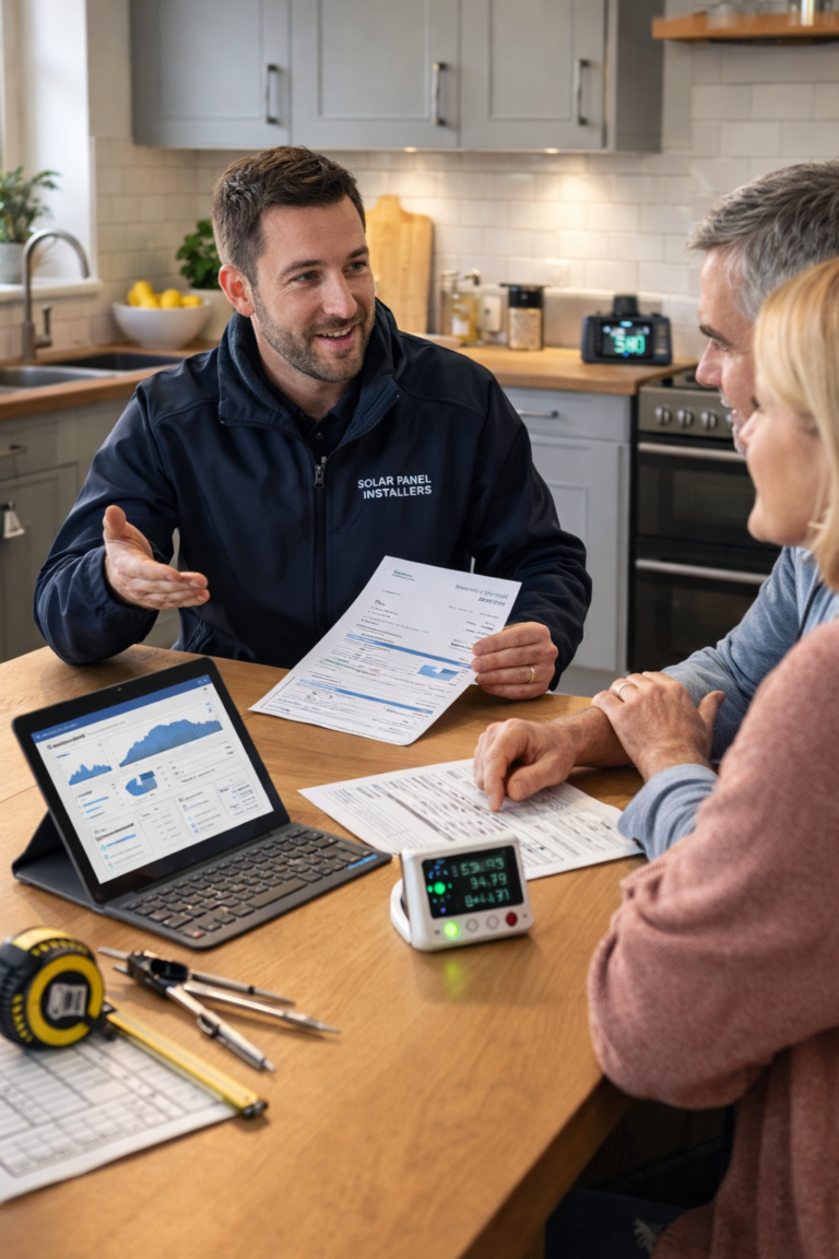Engineer discusses solar performance with couple