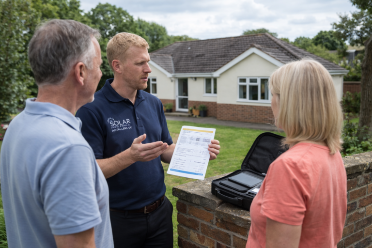 Solar surveyor discussing energy bill with couple