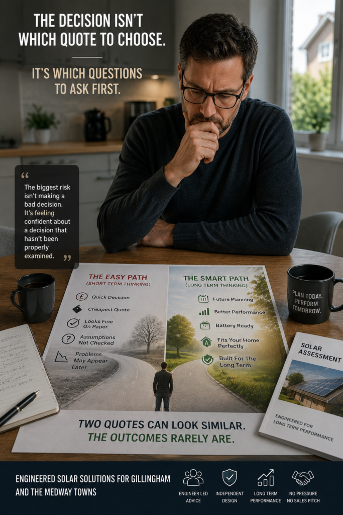 A male homeowner Evaluating smart decisions for long-term success with his potential solarpanel installation