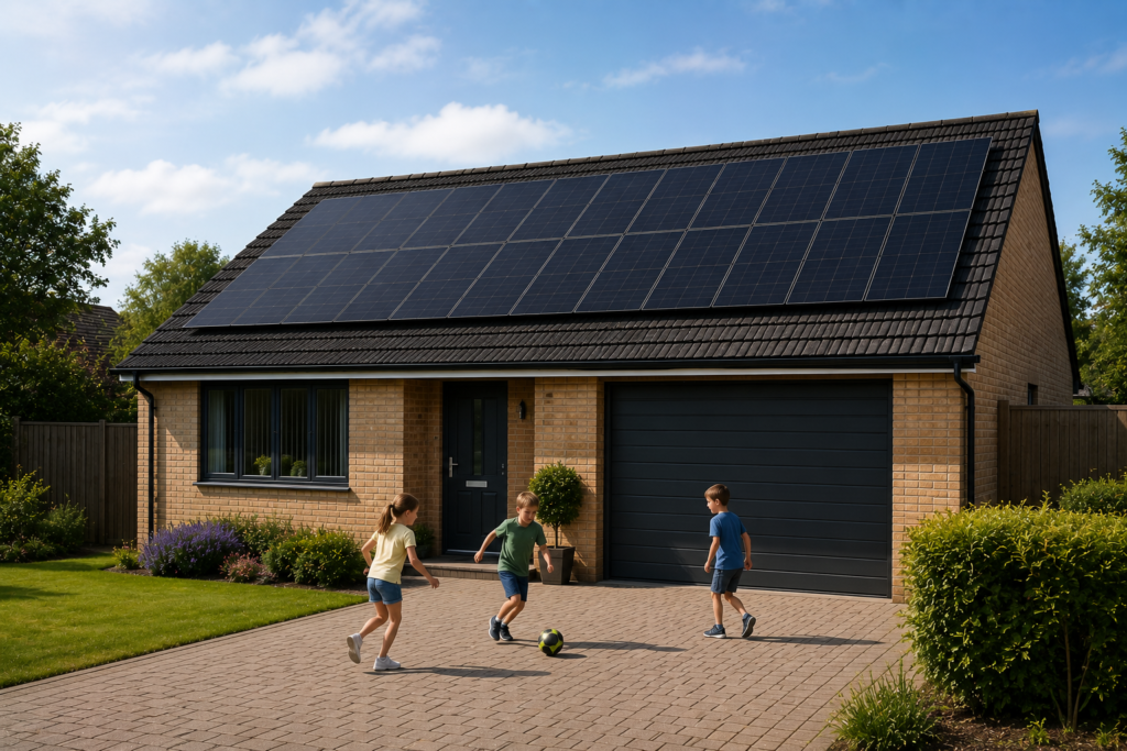 Children playing football in sunny suburbia. solar panels installed by solar panel installers Bracknell
