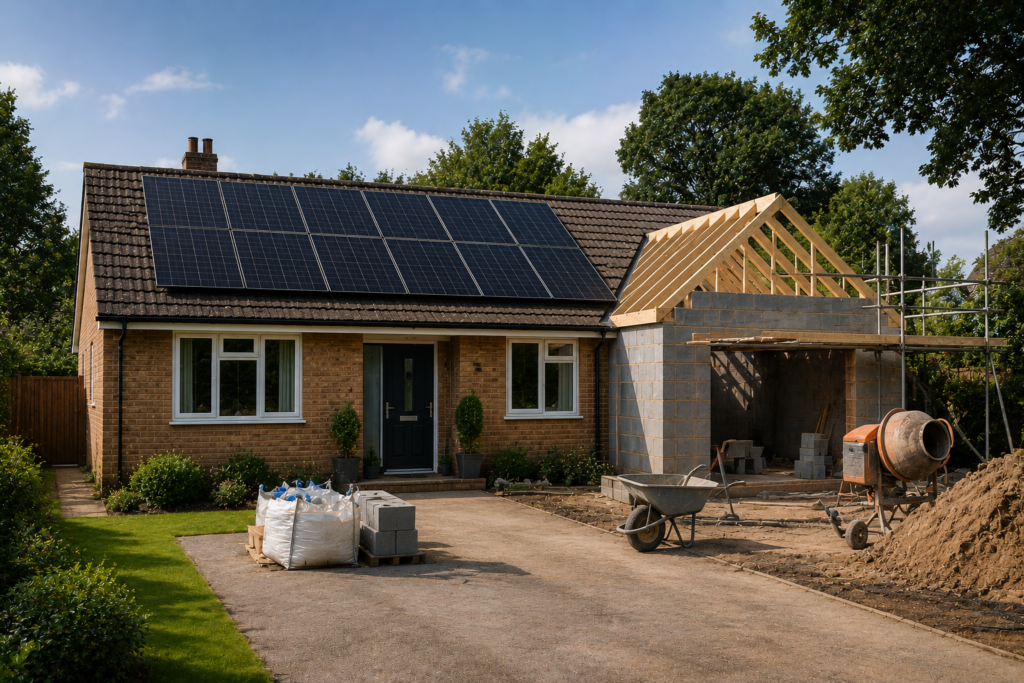 Home extension under construction with solar panels. solar panels installed by Solar Panel Installers Braintree