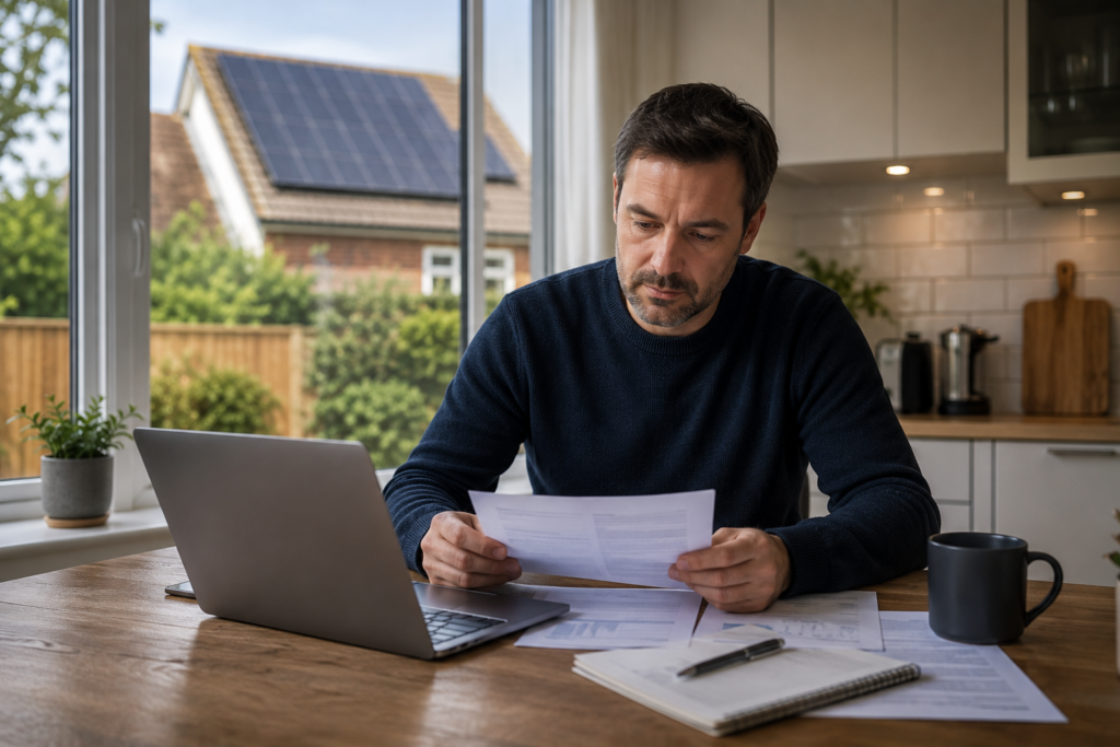 Homeowner focused on their mortgage & solar paperwork in a modern kitchen