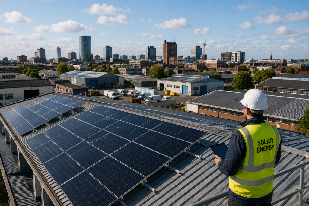 Industrial rooftop with solar energy panels. solar panel installers Birmingham