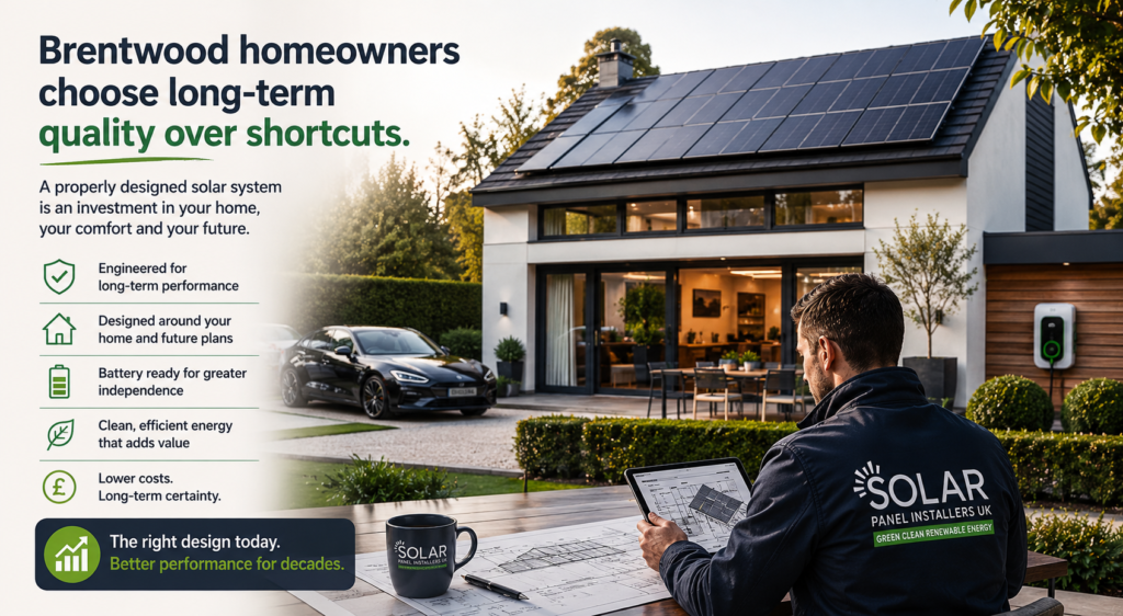 Modern home with solar energy solutions. Solar panels installed by solar panel installers Brentwood