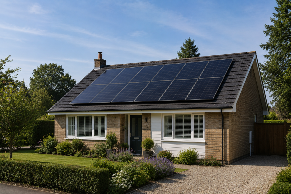 Neat bungalow with solar panels. Solar panels installed by solar panel installers Billericay