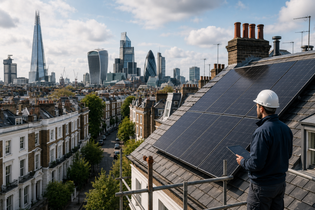 Rooftop view of solar installation over London