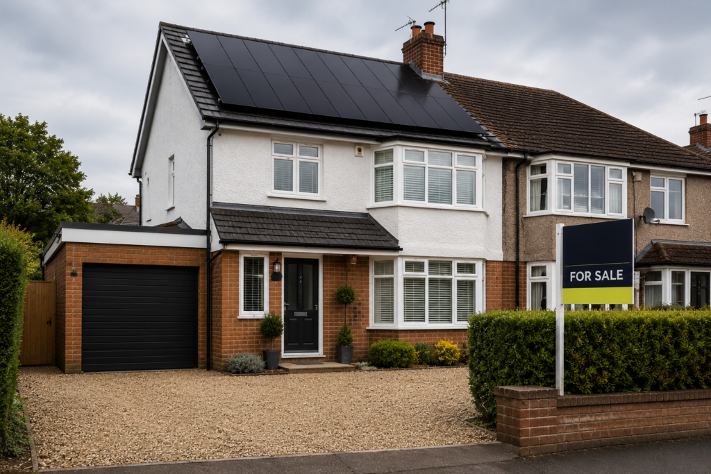 Semi-detached house with for sale sign and black solar panels installed on roof