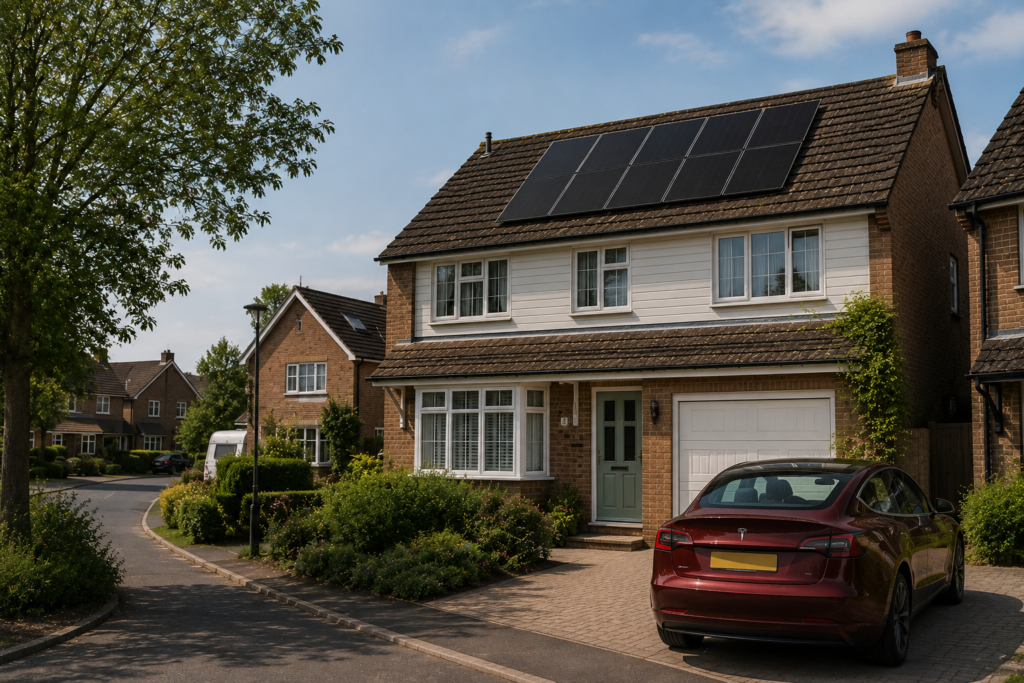 Suburban tranquility on a sunny day. Solar panels installed by solar panel installers Ashford