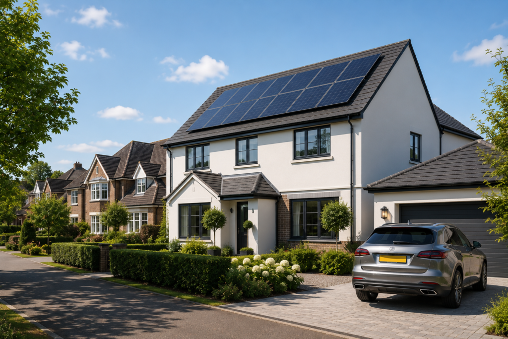 Sunny suburban street with modern home. solar panels installed by solar panel installers in Berkshire