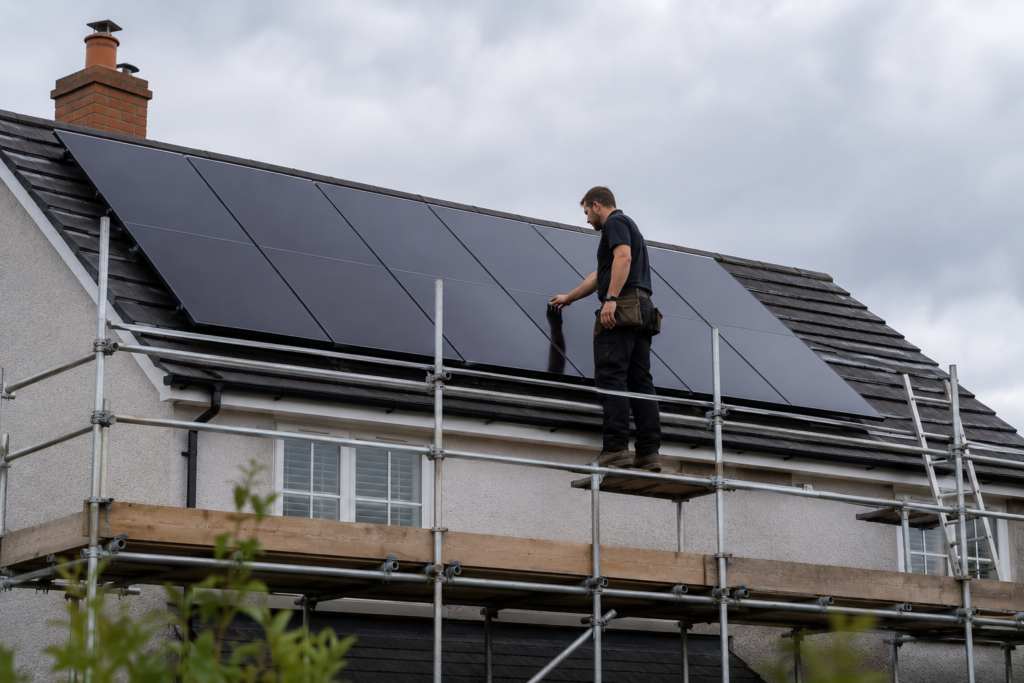 Worker inspects solar panels on roof