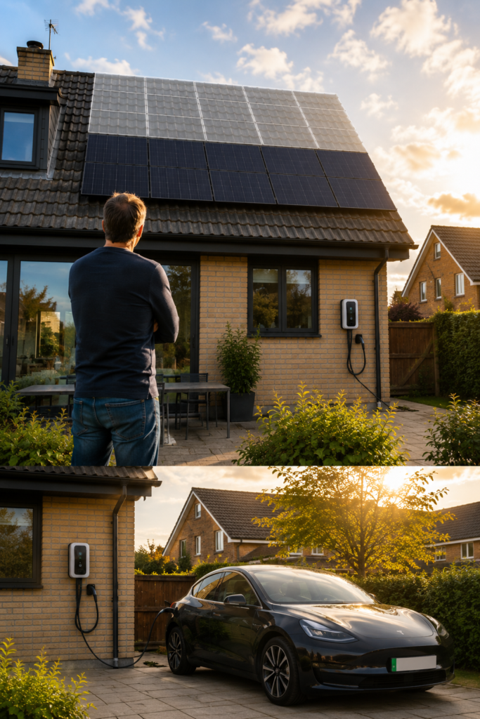 Modern home with solar panels and EV